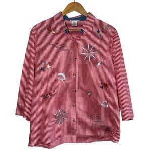Vintage Embroidered Nautical Blouse Large Graff Button Down Red Coastal Novelty